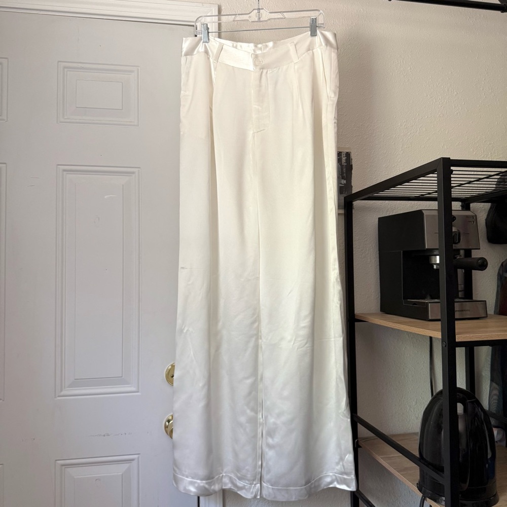 NWT RESA‎ white revolve satin wide leg trousers work pants